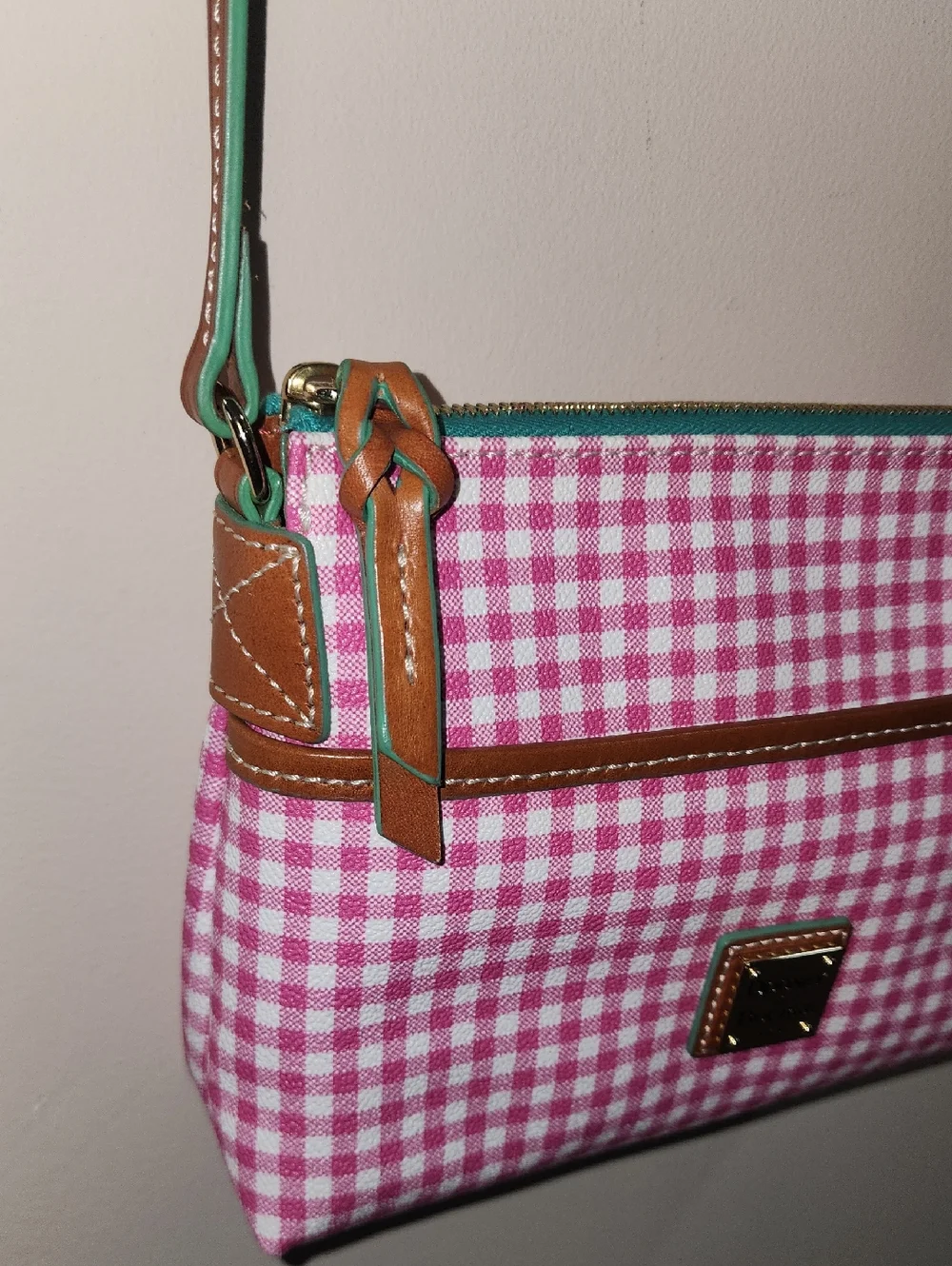 Dooney & Bourke Leather Picnic Pink Mint Gingham Crossbody Shoulder Bag Purse - Picture 2 of 12